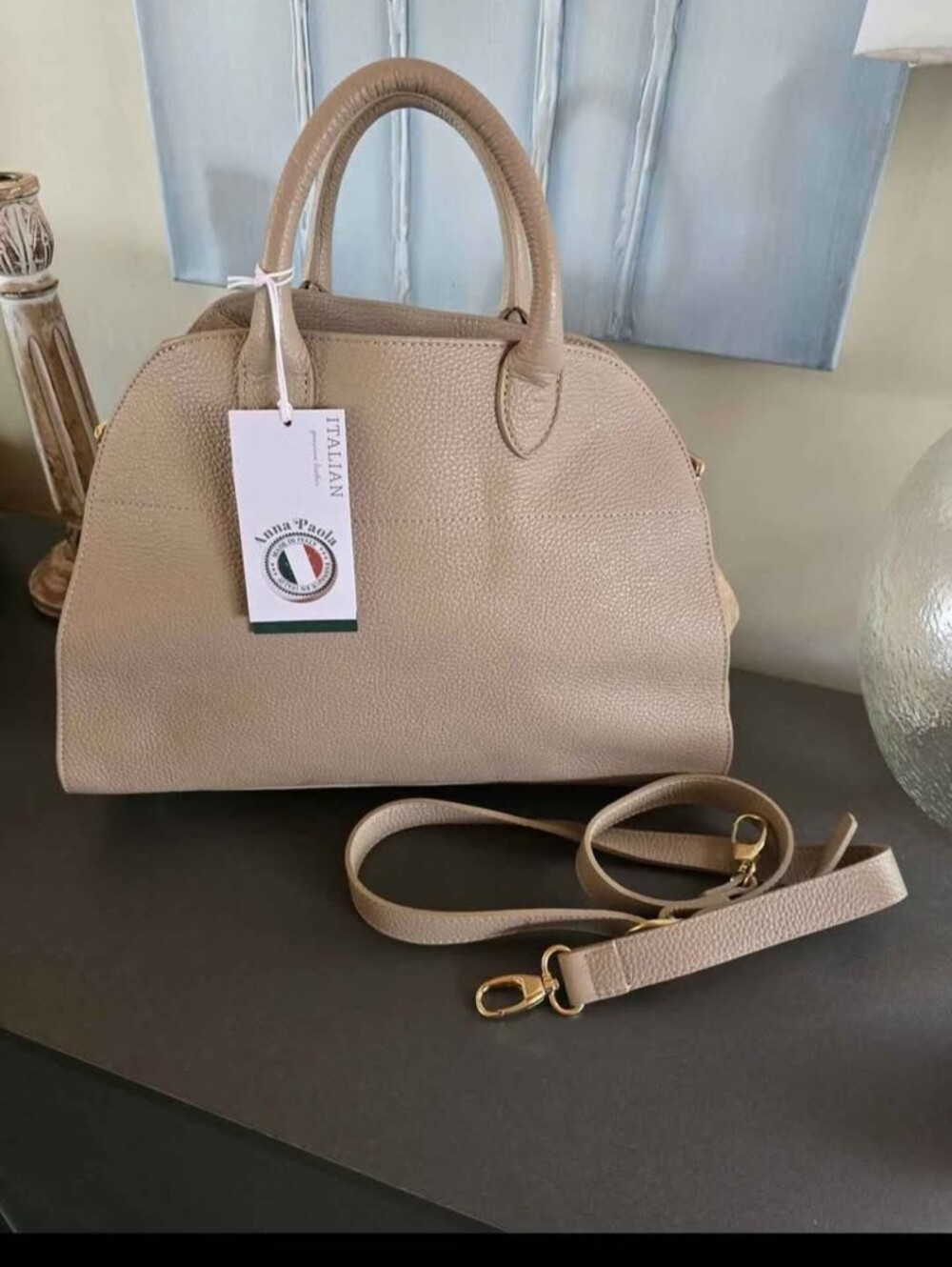 Anna Paola Made In Italy Leather Beige Dome Satchel with Detachable Strap